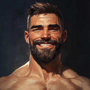 White muscular thin man with beard, big chin, smile and cheekbon...