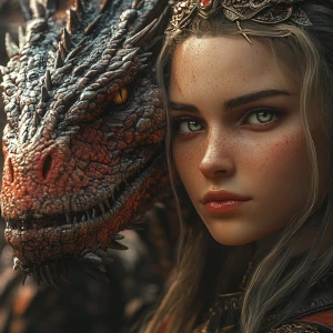 dragon beside maiden, both facing toward the viewer,fantasy sett...