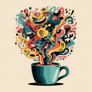 overflowing coffee cup with chaotic swirling steam transforming...