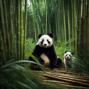 A small  cat and a panda sitting together as friends amongst bam...