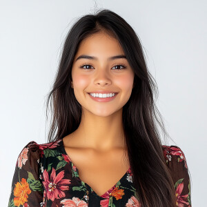 A cute woman

Smiling 

Clothes: Floral Dress

Looks Clean & Mod...