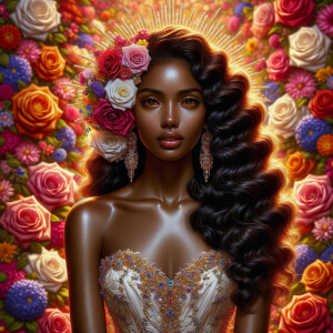 Visualize a stunning bride with a rich blend of african-American Latino heritage, her skin glowing with a soft, warm hue. Her elegant gown, a masterpiece of design, is intricately adorned with sparkling jewels that catch the light with every movement, creating a mesmerizing effect. Her long, wavy dark hair frames her face beautifully, enhancing her radiant beauty. Behind her, the backdrop is alive with an explosion of colorful flowers, each petal and leaf adding vibrancy to the scene. Amidst this floral abundance, the serene face of a brown Jesus is subtly integrated into the background, bestowing a sense of divine grace and tranquility to the composition. This image captures a moment of exquisite beauty, spiritual depth, and the celebration of love.