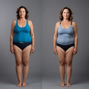 Create a side-by-side full body picture of a woman in her mid-fo...