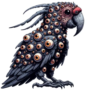A  sinister anthropomorphic parrot with too many eyes