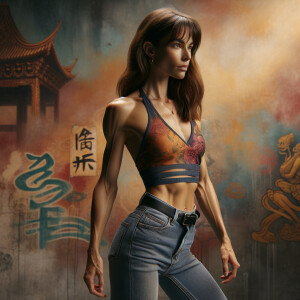 Athletic Thin skinny Attractive, Asian teenage girl, long brown hair and bangs, wearing tight skinny jeans and a halter top paint marks on her clothing, heroic pose Asian graffiti background, side view