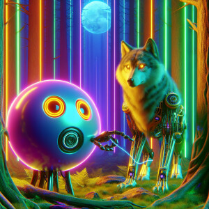 A round bun with eyes and mouth met a cyborg wolf in the forest....