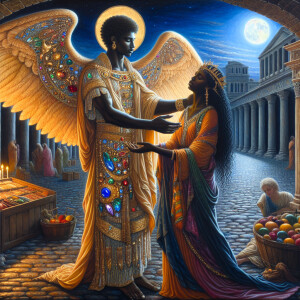 Create an oil painting image featuring a male angel and a grievi...