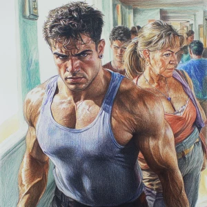 Sharp detailed colourful pencil art,A man  muscular beefy sweat...