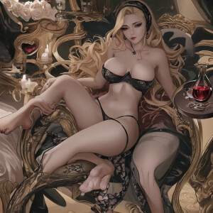 A potray of one of the seven deadly sins called lust, beautiful and charming woman, alluring, femme fatale