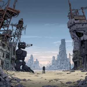 A vast, abandoned cityscape. Crumbling buildings fill the enviro...