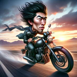 Extreme caricature of a motorcycle rider humming "Born to Be Wil...