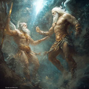 "Gods and Mortals": Create a visual representation of the intera...