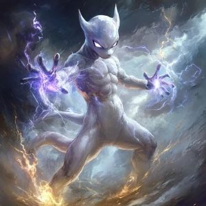 Create an image of Mewtwo, the genetically engineered psychic-ty...