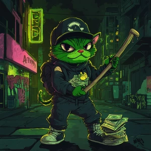 A green gangster cat inspired by Pepe the Frog meme, dressed in...