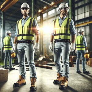 A work site featuring a Hispanic male wearing all his safety PPE...