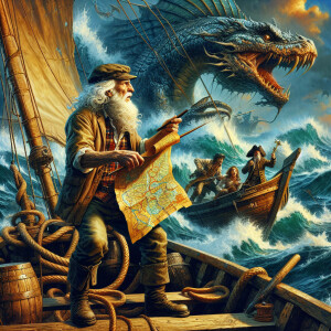 A gray-haired fisherman holds an old map in his hands and sails...