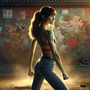 Athletic Thin skinny Attractive, Asian teenage girl, long brown hair and bangs, wearing tight skinny jeans and a halter top paint marks on her clothing, heroic pose Asian graffiti background, backside view