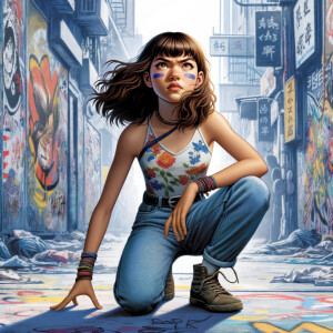 teenage girl, long brown hair and bangs, wearing tight skinny jeans and a halter top paint marks on her clothing, heroic pose Asian graffiti background, nearing on one knee