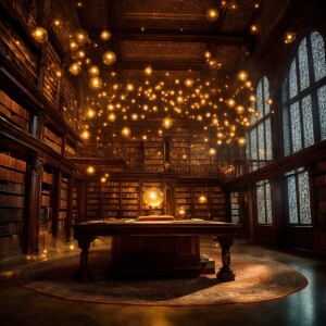 An enchanting ancient library with books levitating among shimme...
