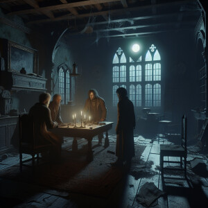 Two men and one woman are in a gloomy, old, dirty house at night