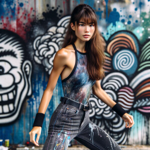 Very thin Athletic Thin skinny Attractive, Asian teenage girl, long brown hair and bangs, wearing tight skinny jeans and a halter top paint marks on her clothing, heroic sideways pose Asian graffiti background