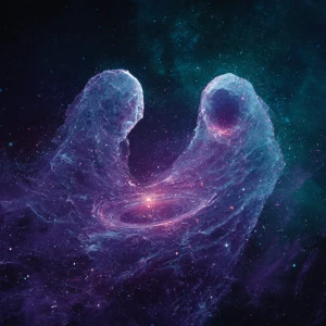full body photograph of two amorphous figures composed of swirli...