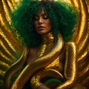 In the golden hour's soft glow, a mysterious and alluring gorgon...