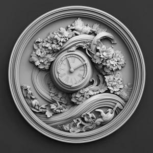 Design a high-contrast grayscale 3d bas relief of a ticking time...