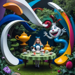 Create a whimsical scene inspired by Alice in Wonderland, featur...