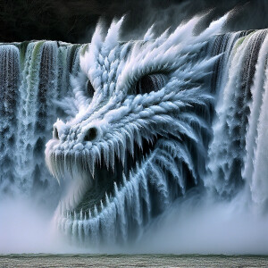 A large waterfall, water droplets look like a dragon’s face emer...