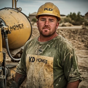 Brian Nobles a real 28 year old Caucasian male who is using  a concrete mixer, he is a  pump operator holding the hose which carries the liquid concrete to the foundation pour, Brian is slowly  beginning his transition into adult maturity , Brian Nobles is beginning to look like a grown man, he has large reflective brown eyes and a wrinkled brow,Brian is now balding , prominent large protruding round fat obese belly,,thick goatee beard, healthy muscle mass ,very noticeable male pattern balding hairline, Brian Nobles now has a  prominent receding and thinning male hairline (onset male pattern baldness), slightly fat overweight(Caucasian)wearing tight body conforming  glossy satin shiny green and gold tight fitting body conforming UnderArmour athletic bodysuit,emblazoned with the "KD HOMES" real estate logo, standing confidently in front of a newly completed constructed new KD HOME in Victorville California in a raw desert landscape. Brian has a protruding fat obese muscular physique, large male bulge, fat obese muscular frame , shows a substantial frame with a noticeable mature hairline and expressive eyes. His workman’s  pose should reflect his experience in his trade.