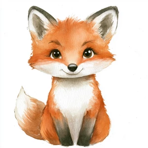 Simple style, watercolor illustration, baby fox
 looking forwar...