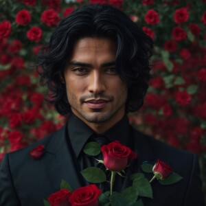 Beautiful man holding roses, smilling, black hair, green eyes, b...