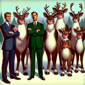 Create an image of Rudolph the Red-Nosed Reindeer alongside Come...