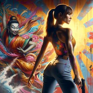 Athletic Thin skinny Attractive, Asian teenage girl, long brown hair and bangs, wearing tight skinny jeans and a halter top paint marks on her clothing, heroic pose Asian graffiti background, backside view