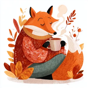 Sleepy fox sipping tea with closed eyes, cozy cartoon vector sty...