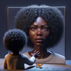 Create a 3-D realistic, adult african-American, female 
Did curly black hair, dark skin, looking at herself in a mirror, but the child that she sees in the reflection is dirty and crying and has scars, and there is a fallen butterfly