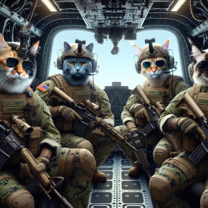 Create a realistic image of 4 cats as 4 human US Navy soldier, w...