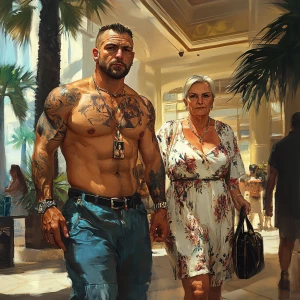 (realism art),a man( criminal muscular beefy sweaty tattoed pier...
