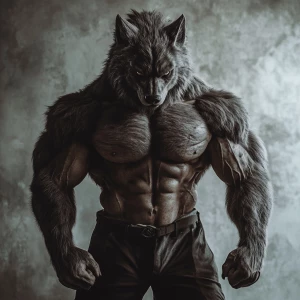 Create an image of a muscular lycanthrope with thick fur, in a n...