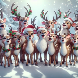 A chorus of animated reindeer singing Christmas carols, each dec...