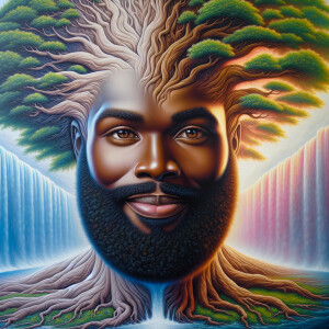 A hyper-realistic 3-D oil painting depicting a tree integrated w...