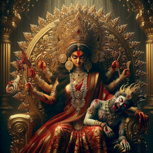 portrait of angry looking goddess durga, sitting on a gold crown and carrying a weak mahishasur on her lap. She is wearing diamond armor, a huge diamond crown, red saree, abundant diamond jewelry, covered in blood. The scene is set in ancient India. The image is 8K resolution, cinematic, ultra detailed face and epic.