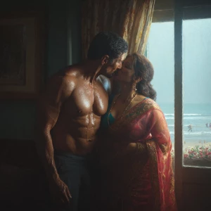 Create a hyperrealism painting of a muscular, sweaty Indian man...