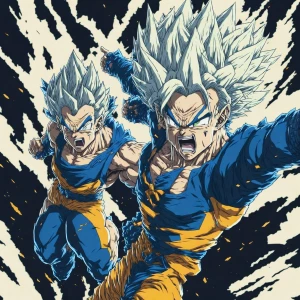 Goku and Vegeta showcasing their signature moves in a dynamic ba...