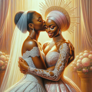 Imagine a hyper-realistic oil painting that captures a tender moment between theAfrican American bride and her God. The setting is intimate and filled with soft, warm lighting that enhances the emotional depth of the scene. The bride, in herexquisite wedding gown, shares a heartfelt embrace with her african-American Lord Jesus , who is dressedin an elegant outfit that complements the wedding's color scheme. Their expressions are full of love, pride, and joy, reflecting the special bond between them. Theattention to detail is paramount, from the intricate designs of their dresses to the subtle emotions conveyed in their facial expressions. The background is a blur ofgentle pastel hues, ensuring that the focus remains on this touching moment. Thispainting should convey the warmth, love, and depth of the relationship, with the rich textures and vibrant strokes characteristic of oil paintings, capturing the essence of this significant pre-wedding moment.