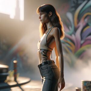 Athletic Thin skinny Attractive, Asian teenage girl, long brown hair and bangs, wearing tight skinny jeans and a halter top paint marks on her clothing, heroic pose Asian graffiti background, side view