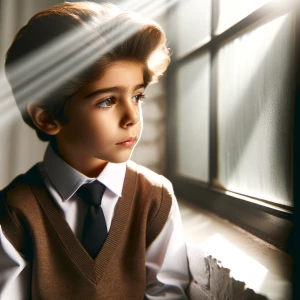 Cute school boy wearing brown school pants, white button up shir...