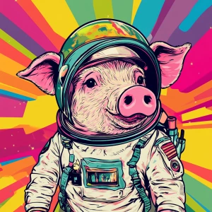 Cute cartoon pig in vintage white spacesuit and NASA style helme...