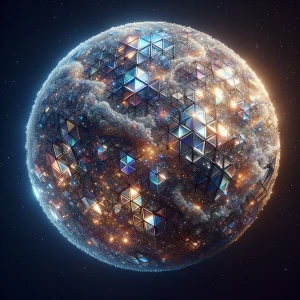 A mesmerizing vision of a sparkling artificial planet, its surfa...
